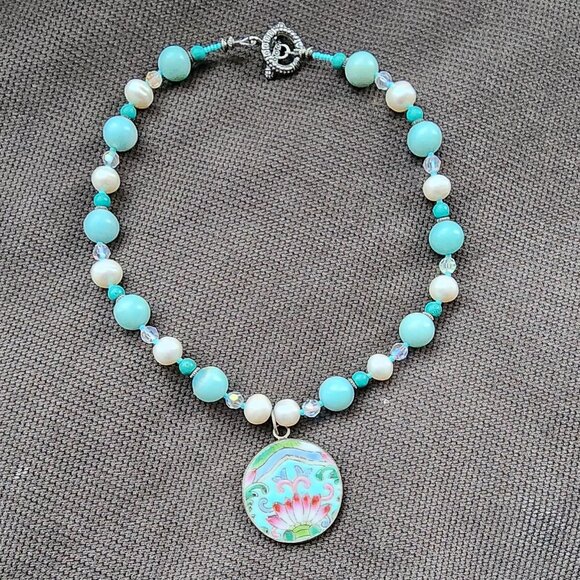 Etsy Hand Painted Pastel Floral Medallion Beaded Necklace - Picture 2 of 13